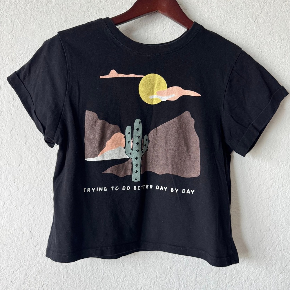 Vibe N Womens L Black Cactus Desert Graphic Tee Trying To Do Better Day By Day